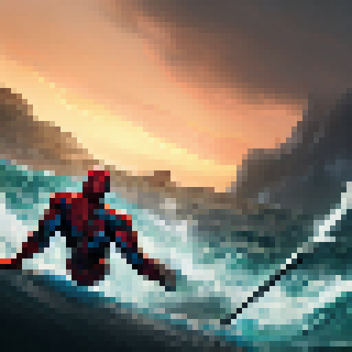 A fierce battle between Deadpool and Spider-Man on a sun-drenched beach, with crashing waves and sand flying in all directions.