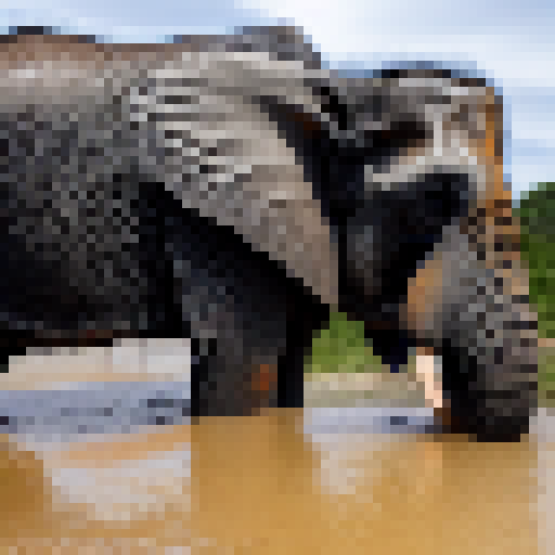 An elephant trying to fit inside a cup of water, and water overflowing as he tries to get in. 