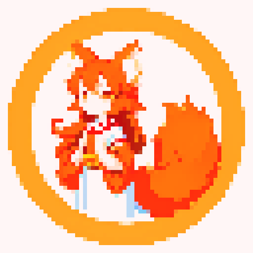 Kitsune girl with flowing fiery tails, vibrant orange and white fur, delicate fox ears, and a mischievous smile, in pixel art with sRGB color palette