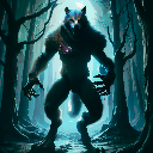 a werewolf, standing in the forest, red eyes, slightly bent forward