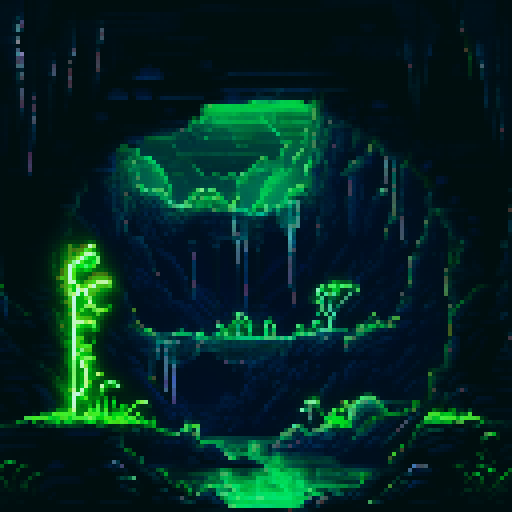 a dark, foreboding underground mine on an alien planet. Ancient machinery intertwines with the rock and glowing crystals. 