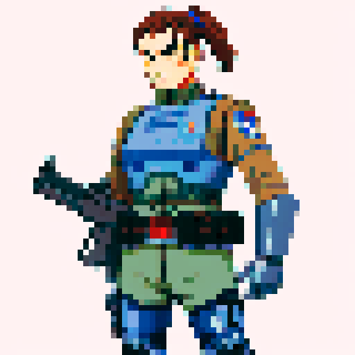 Valkyria Chronicles soldier, male Shocktrooper, grizzled face, short white-haired ponytail, stubble, pixel art, sRGB
