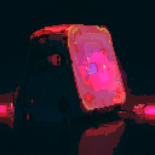 Futuristic hard drive, glowing neon circuitry, metallic casing, pixelated digital display, sRGB color palette, retro pixel art
