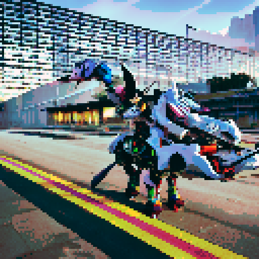 Moon president surrounded by neon cityscape, wielding a futuristic sword and riding a robotic unicorn.