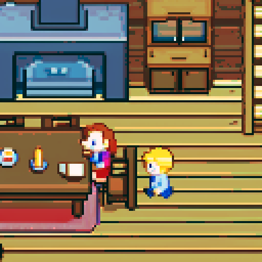 Cabin interior, table, kitchen, mother and son