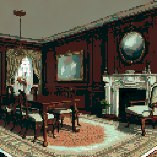 elegant chairs, table, empty fireplace, mounted deer head, haunted mansion interior, sRGB, pixel art, background 
