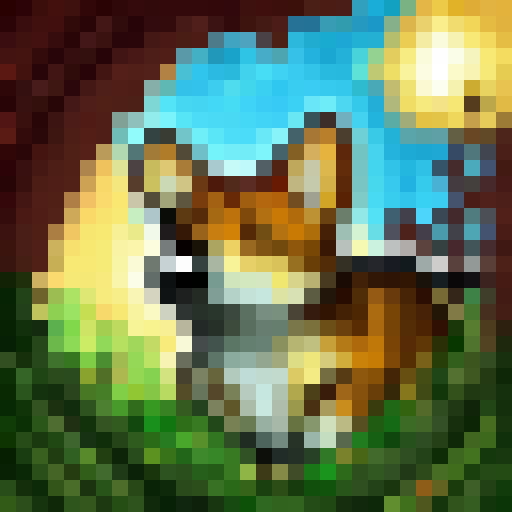 Corgi explorer in safari gear treks through lush jungle, surrounded by towering trees, vibrant foliage, and exotic creatures, all rendered in 32x32 Skill Art style.