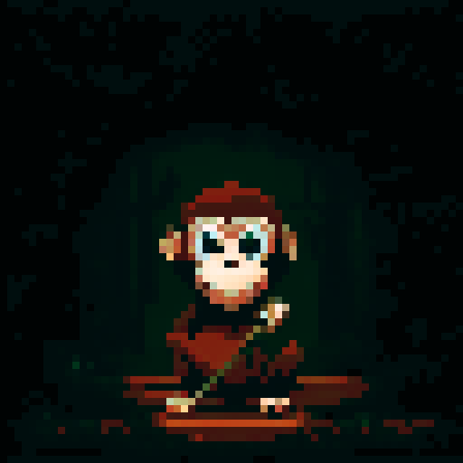 A monkey holding a branch, the monkey is made of wood, has a mechanical sense, the movement is squatting on the ground