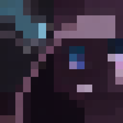 Pixelated glasses reflect a beaming, blue-eyed gaze; a small, upturned nose and rosy cheeks add youthful charm to the 16x16 pixel portrait.