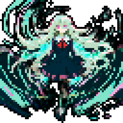 anime girl with long, glowing eyes, flowing hair, dark colors, hovering above the ground in a revealing school uniform, with a 16 bit style that pops against the sRGB color palette
