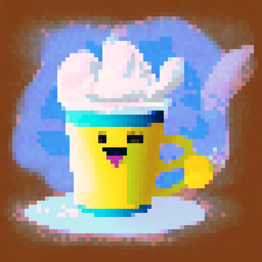 Smiling rubber duck with a yellow bill and big black eyes, holding a steaming cup of hot coffee with white steam rising, against a colorful anime-style background with bold lines and vibrant colors