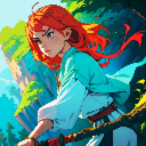 female swordsman, fiery-haired, wielding a luminous blade, poised at cliff's edge, gazing upon a lush woodland, with an extraterrestrial world adorning the sky, all rendered in vibrant pixel art, embracing the sRGB color palette
