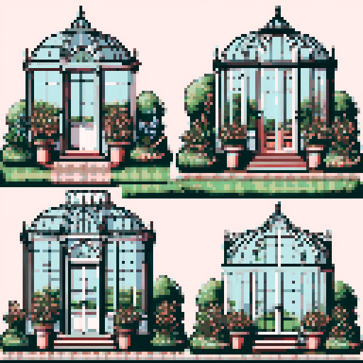 Grid of 4 illustrations of Victorian conservatories in pretty gardens