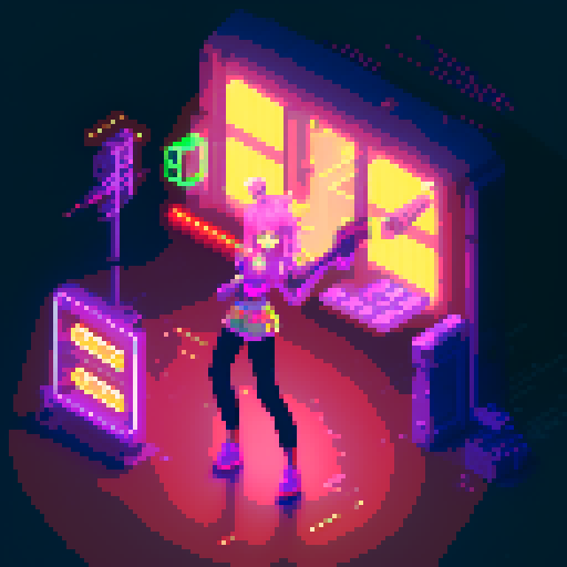  Mage anime girl with flowing hair, fluorescent tattoos, and a pixelated sniper rifle, navigating through a purple neon-lit night market and an sRGB glow