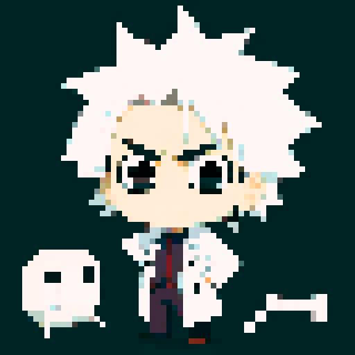 tired-looking, young mad scientist in a lab coat, with unkempt black hair, bags under his eyes, and a neutral tired expression, depicted in a chibi-style pixel art with simplistic features and no shading or eye textures, against a neutral background in sRGB colors