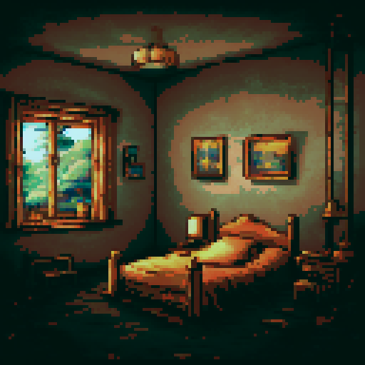 The bedroom of an American house by night. No characters. The room belongs to an adult couple. In the middle of the room is a double bed. On the left is the entrance door. On the right is the window. Next to the bed are bedside tables, both on the right and left. There is a floor plan in the room and pictures on the wall.