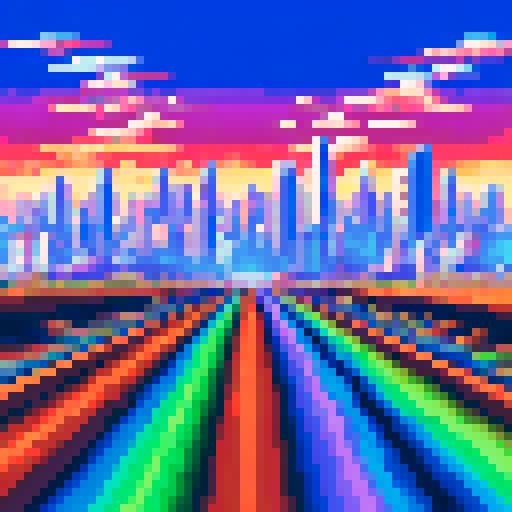 Metal shavings swirl in a rainbow of colors around a CNC machine, with a pixelated backdrop of a towering cityscape in the sRGB color space