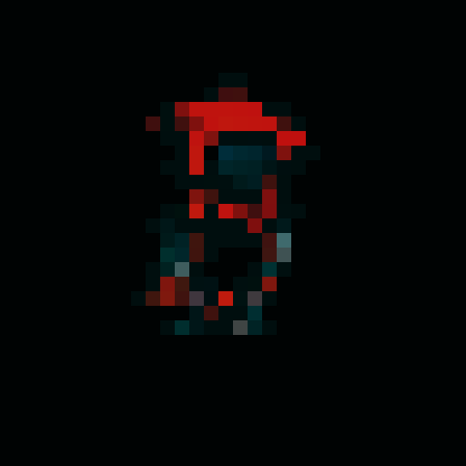 small, red-cloaked character with hidden face, red eyes, black outline, fantasy RPG