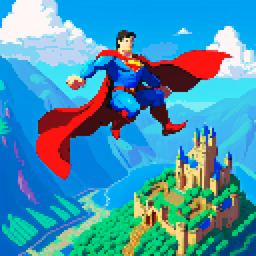 pixelated superman soaring through a vibrant, pixelated fantasy RPG world, with majestic mountains, towering castles, and mystical creatures