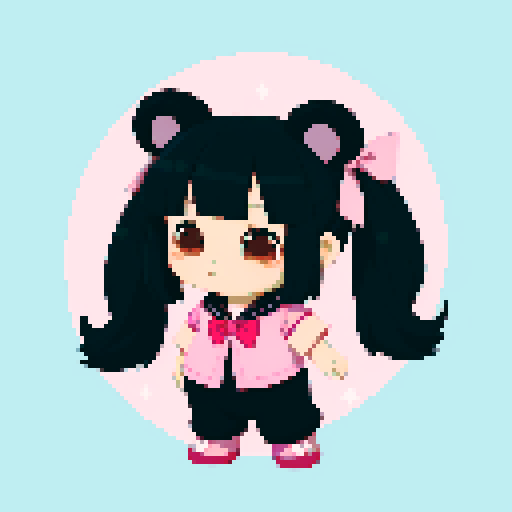 This image features a stylized bear inspired by ghibli, in a chibi art style. The bear has, expressive black eyes and a cute, pink skin. The hair is styled in long twin pigtails, accented with pink and gold ribbons, matching the color theme of the outfit, which includes a sailor-style collar and a pink bow. The background depicts a wild magic night with shining stars and a dark waterfall. This is a typical example of how popular anime characters