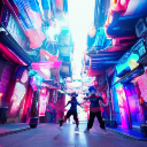 Fierce warriors Ryu and Chun-Li spar in a neon-lit alleyway, their rippling muscles and flowing hair rendered in vibrant anime style while a crowd of onlookers cheer them on.