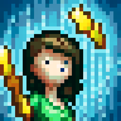 platformer character avatar, Aleya is a young adventurous girl with white hair, pale skin, tall boots and a blue tunic. She has a rock climbers build, and is shown idle against a greyish brown background.