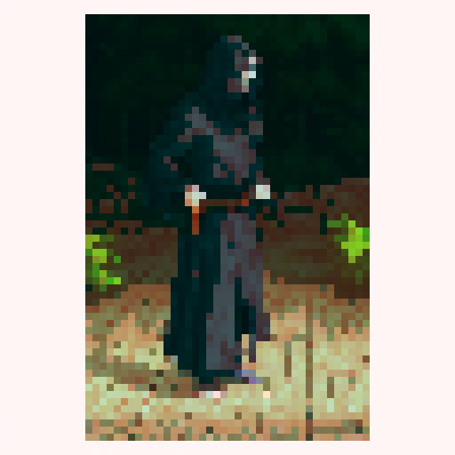 Pixel monk with razor-sharp daggers, dressed in a black hooded robe, standing atop a misty mountain peak 