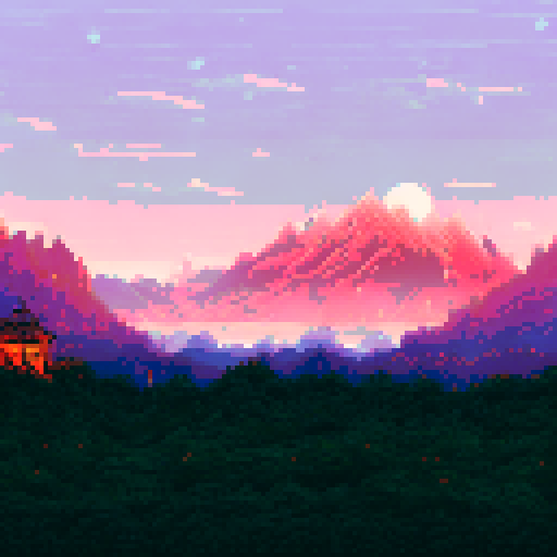 lantern light, shimmering glow, rustic wooden lantern, flickering flames, illuminating a tranquil garden, vibrant pixelated flowers, towering mountains in the distance, serene moonlit sky, sRGB color palette, detailed pixel art, immersive background, picturesque landscape