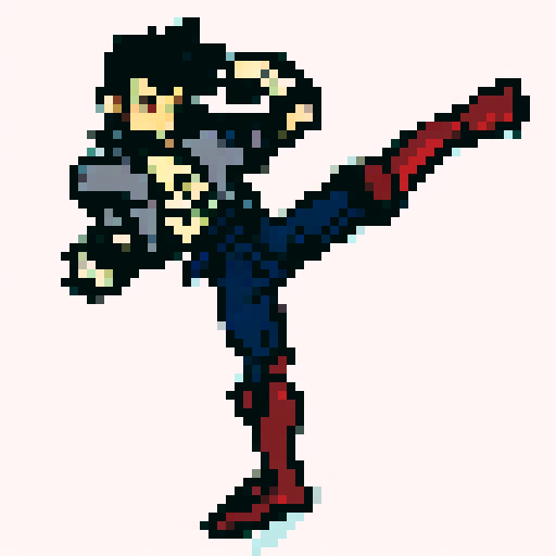 Denim-clad punk thug executes a stylish high kick, grunting fiercely, sporting a gray jacket, blue pants, and brown boots, with an edgy art style.