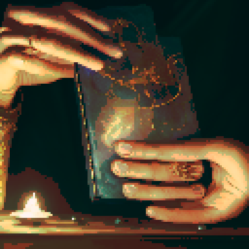 A close-up of a woman's hands over a table during a tarot card reading in a medieval dark style. The table is adorned with elements of the ocean such as sea shells, sand, and small pieces of coral. The atmosphere is mystical and dimly lit, with candlelight casting shadows that enhance the eerie and magical mood. The woman's hands are gracefully poised over the cards, which also have oceanic designs like waves and mermaids.