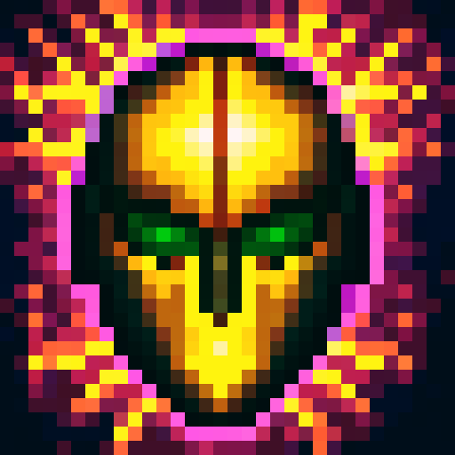 knight helmet with purple details, surrounded by fiery purple and green flames