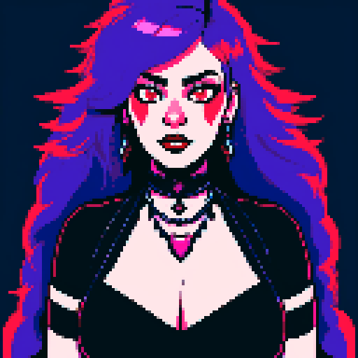Plus size busty goth girl, with long purple hair, eyeliner, red lipstick. wearing a halter top and spiked collar. Posing for a up close face portrait. vibrant sRGB colors, pixel art, edgy aesthetic