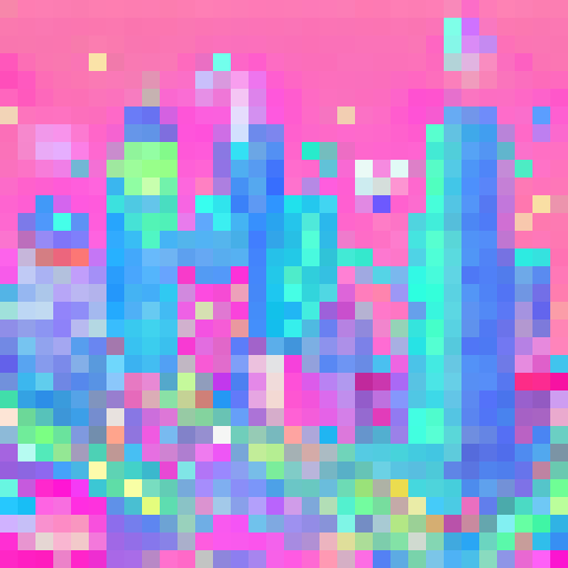 Blob-like alien with adorable big eyes, exploring a vibrant neon cityscape filled with towering skyscrapers and flashing holographic billboards, all rendered in a charming cartoon style.