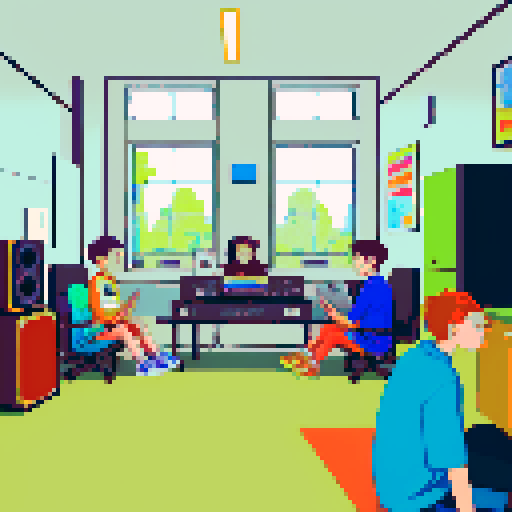 Friends sitting in a room together, all of them wearing street wear, one boy playing on his phone, another boy playing video games, and the final boy sitting in front of a computer. the computer he uses has musical equipment surrounding it and large speakers to playback sound
