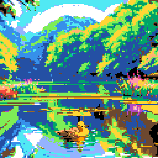 yellow duck in a pond, surrounded by lush greenery and reflecting sunlight in a serene pond with shimmering ripples and pixelated waves, creating a tranquil atmosphere in a picturesque landscape with vibrant colors using intricate pixel art in the sRGB palette