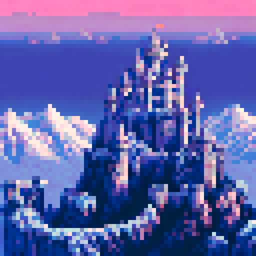 A stone castle accented with silver and gold, sitting atop a snowy hill on a vast plain