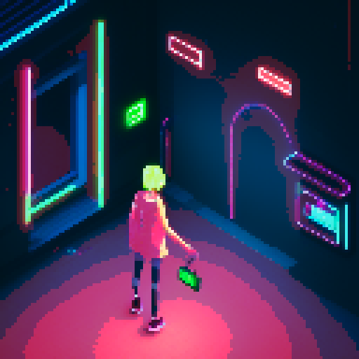 hacker girl, lonely rainy day, glowing neon codes, flickering screens, vibrant pixelated cityscape, futuristic attire, headphones, city lights reflecting on wet pavement
