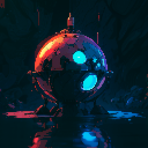 Sphere robotic, metallic sheen, glowing LED lights, mechanical limbs, retro-futuristic, geometric patterns, vibrant colors, low resolution, blocky pixels, 8-bit aesthetic, pixelated details, sharp edges, crisp lines, nostalgic video game vibe
