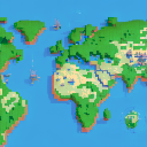 Crate a pixel art map for an RPG based on real world map. 
Keep proportions and show the different biomes (like mountains, hills, deserts, tundra etc.). 

