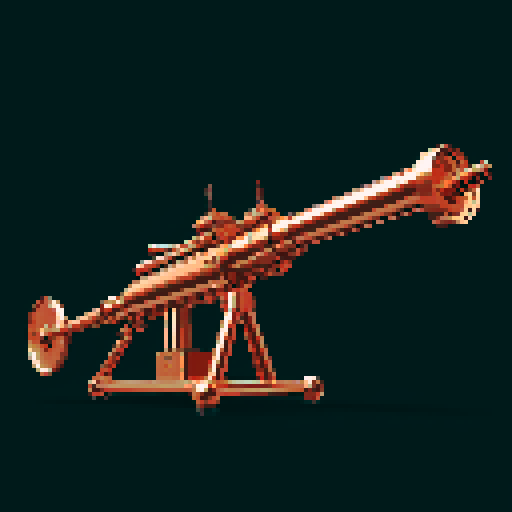 I want a copper rotary machine gun viewed from from the side. I want this object usable an asset in a videogame, meaning only one object per image, outlined with a strong black stroke, on a solid-color background.