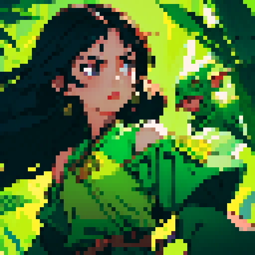 Young woman, black long hair, green Thai costume, open shoulder costume, small chest, dark night time, banana forest background, rounded face, small mouth