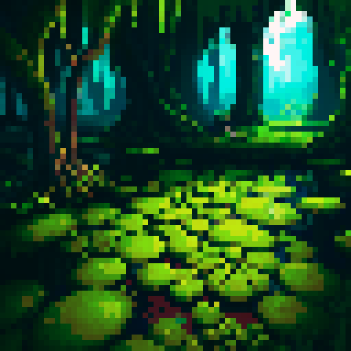 swamp floor tiles, vibrant colors, pixelated, moss-covered, murky waters, dark shadows, reflective surfaces