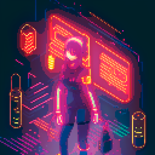 cyberpunk anime girl, fluorescent tattoos, glowing staff, neon-lit night market, bustling crowds, pixel art
