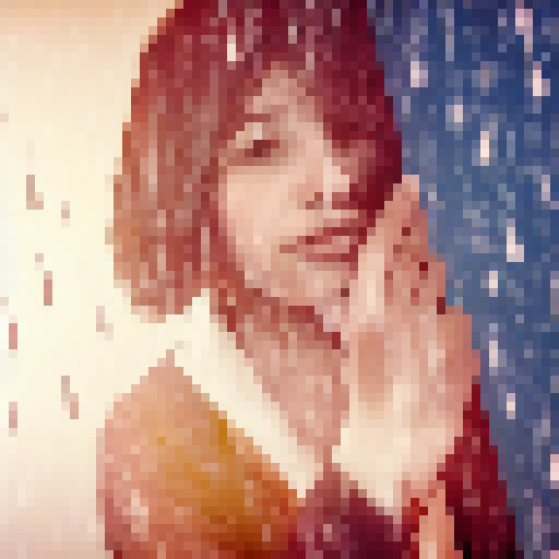 Serious-looking person in a cozy house with rain pouring outside, surrounded by warm colors and rustic textures.