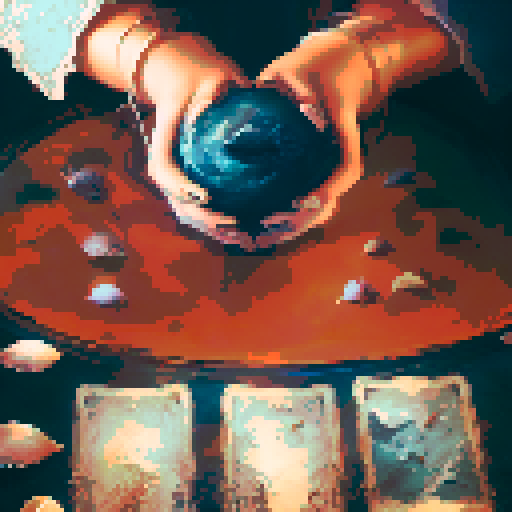 A close-up of a woman's hands over a table during a tarot card reading in a medieval dark style. The table is adorned with elements of the ocean such as sea shells, sand, and small pieces of coral. The atmosphere is mystical and dimly lit, with candlelight casting shadows that enhance the eerie and magical mood. The woman's hands are gracefully poised over the cards, which also have oceanic designs like waves and mermaids.