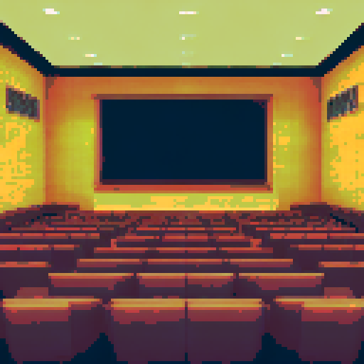 Cozy, warm-toned classical lecture hall filled with attentive students, featuring a subtly nostalgic, pixelated landscape background in vibrant sRGB colors