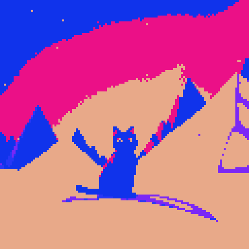 Woman with auburn hair and a black cat with yellow eyes in between towering, snow mountains in space