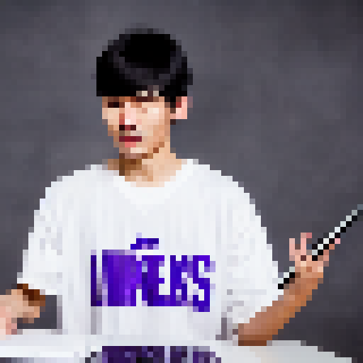 An Asian guy with medium length black hair wearing a Lakers jersey is using a computer, cyberpunk