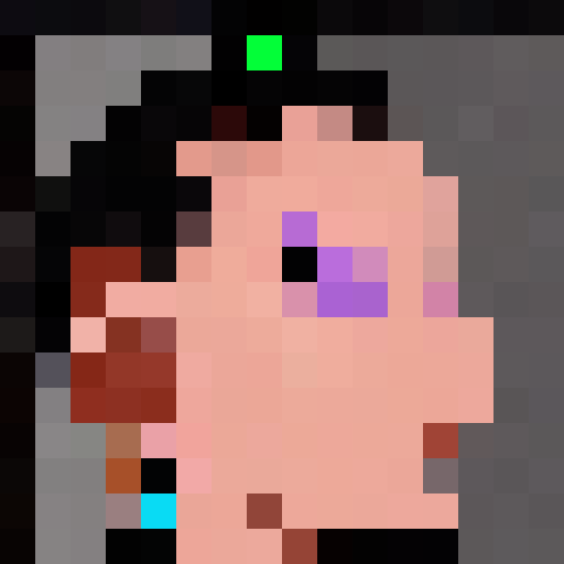 Ariana Grande's close-up pixel art portrait as a game icon, featuring her signature high ponytail, bold cat-eye makeup, and glittery microphone.