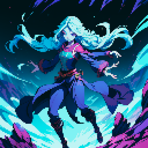 full-body art of a girl with four arms and blue skin, facing to the right, ready to fight, swirling magic around her, floating, four eyes